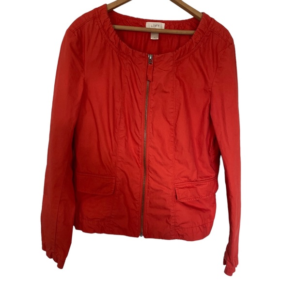 Ann Taylor LOFT Peplum Jacket Coral Red Orange Lightweight Unlined Zip sz M - Picture 1 of 11